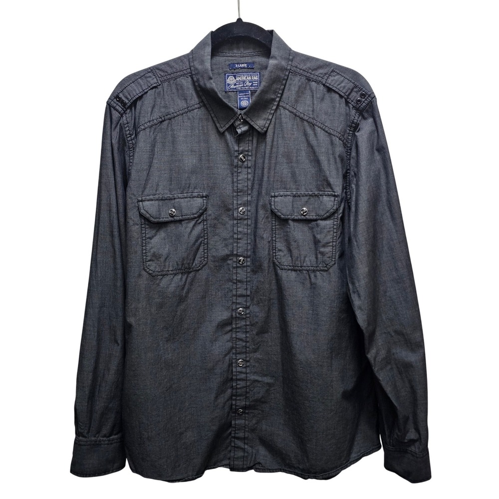 American Rag Mens XL Charcoal Gray Long Sleeve Pearl Snap Military Utility Shirt